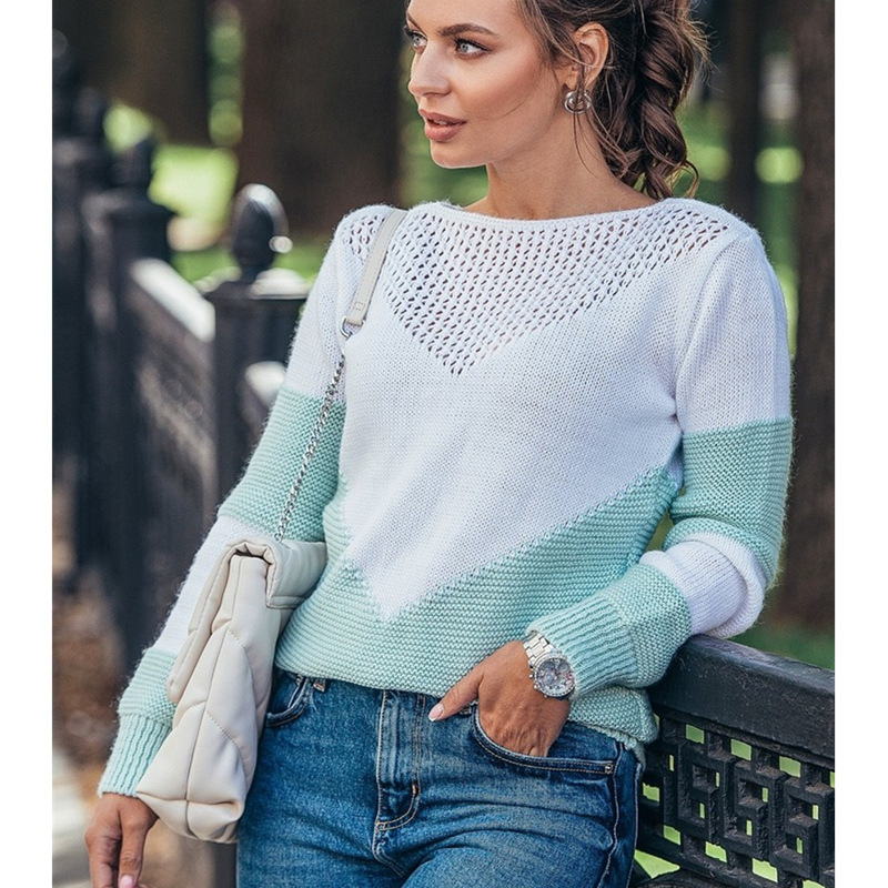 Casual Color-blocking Openwork Knitted Sweater
