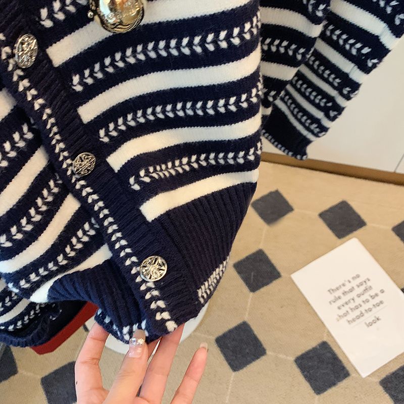 Female Minority Of Cardigan With Oblique Button Striped Sweater