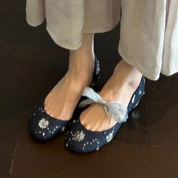 Women Sweet Fairy Sequin Rhinestone Floral Denim Mary Jane Flats, Round Toe Sheer Tulle Front Ribbon Soft Denim Slip On Minimalist Casual Spring Ballerina Loafer Slippers