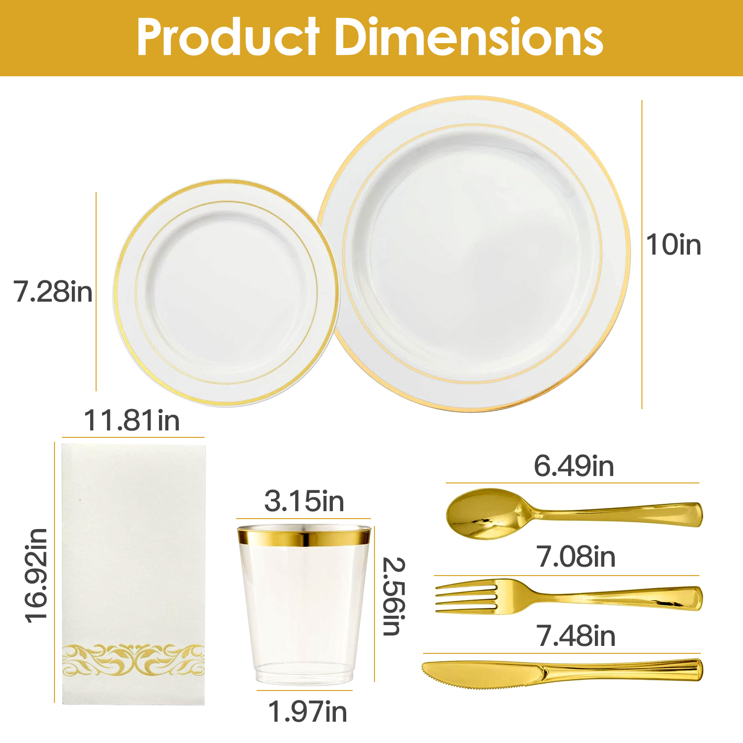 Ensemble de 175 pièces de vaisselle jetable en or, assiettes en plastique, tasses – Image 7