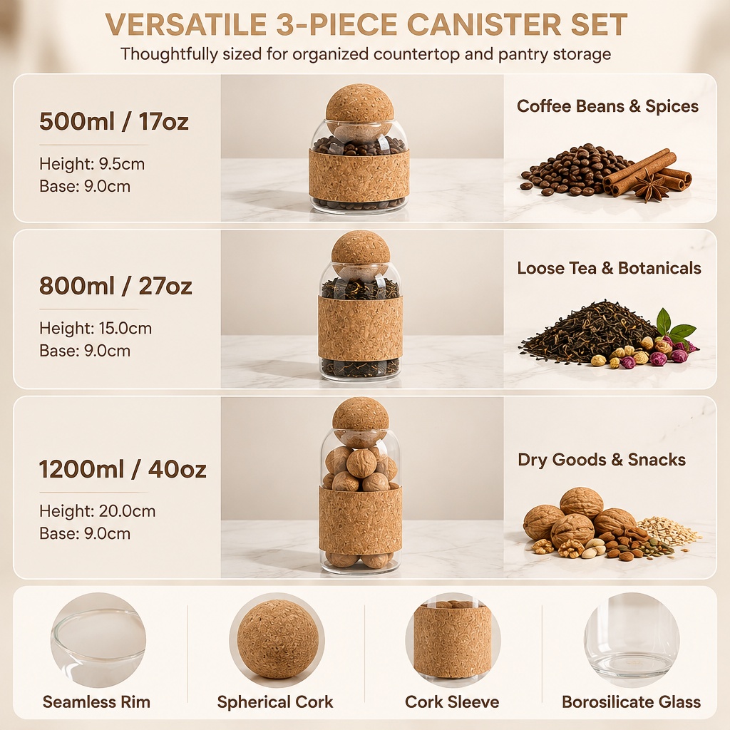 Glass Storage Jar With Ball Cork Lid, Borosilicate Pantry
