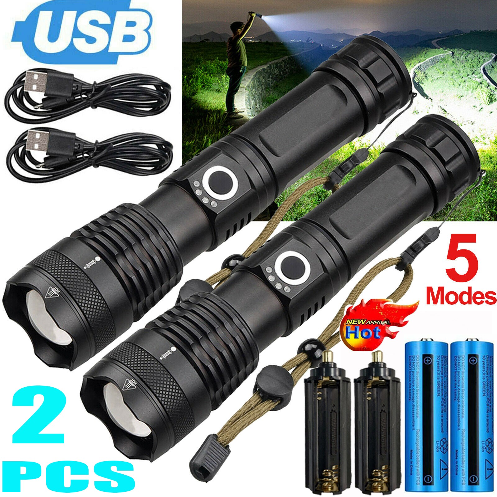 LED Flashlight Zoom Torch USB Rechargeable Super Bright Camping Lamp Work Light