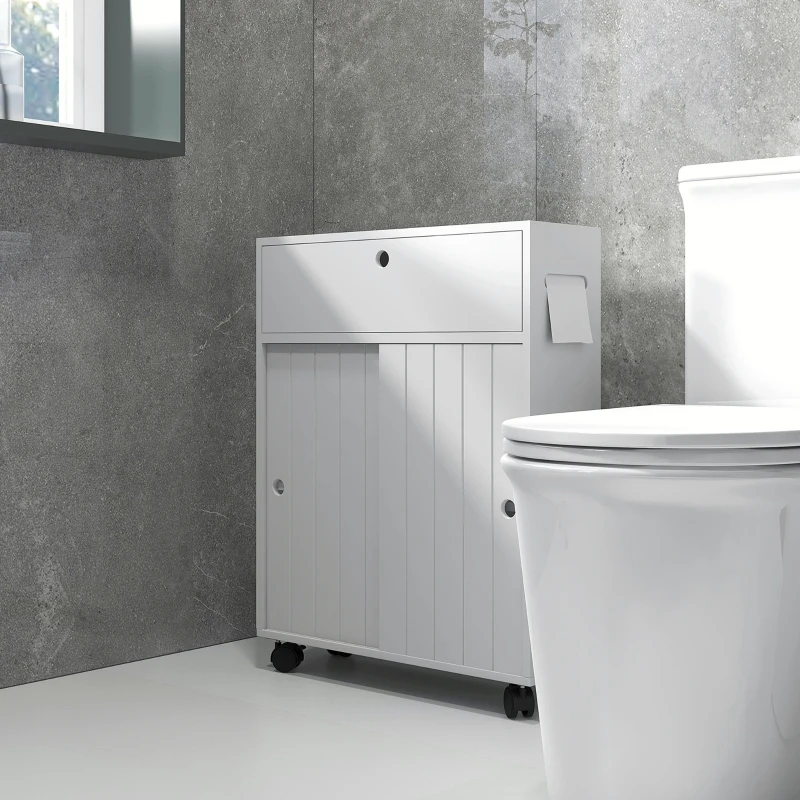 Kleankin Toilet Paper Cabinet, Slim Bathroom Cabinet With 4 Rolling Wheels, Small Bathroom Storage Cabinet With Paper Holes, Sliding Doors And Adjustable Shelf For Small Space, White