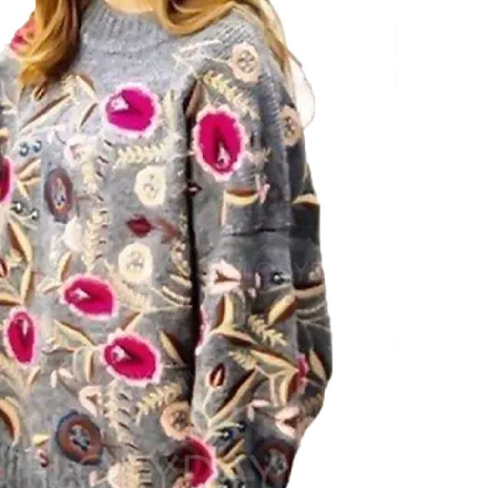 Women's Round Neck Pullover Embroidered Woolen Sweater