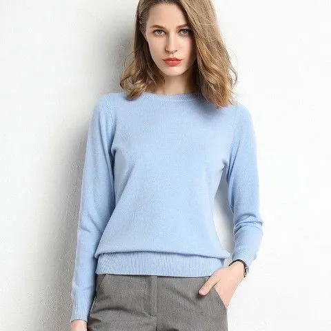 New Sweater Women Knitted Sweater Round Neck Bottoming Shirt Light Blue - Shop at LoveMi