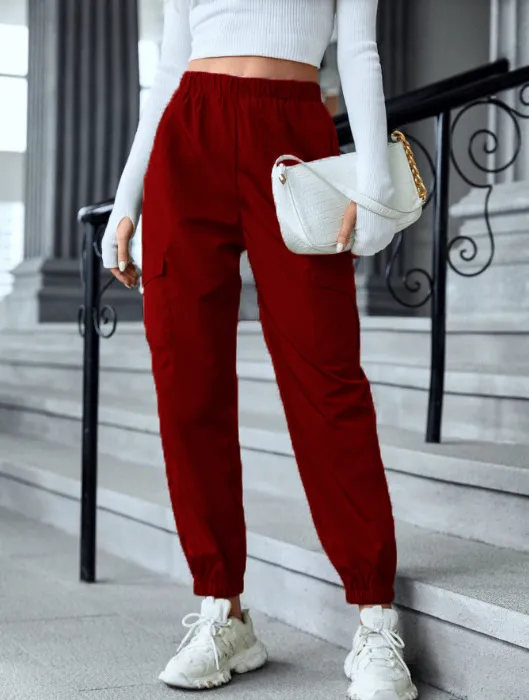 New Cargo Pants Fashion Casual Multi-pocket Elastic Waist Pencil Pants For Women - Wine