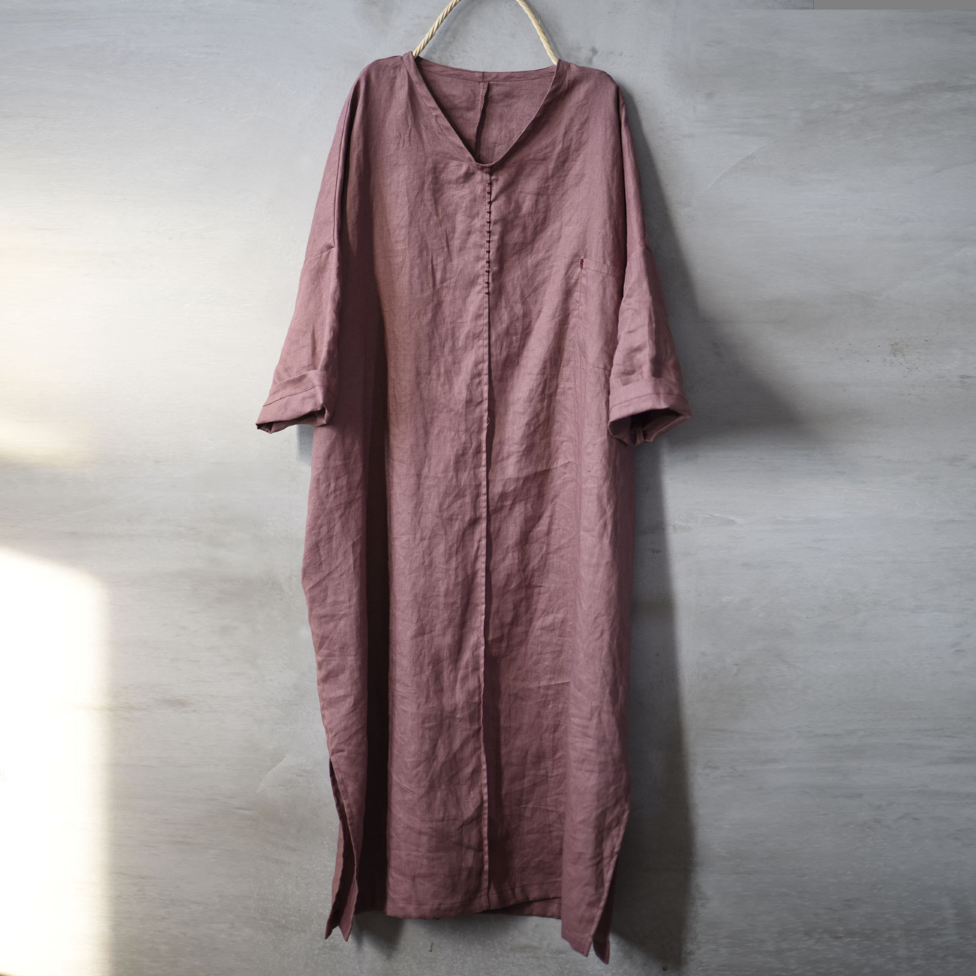 Vintage Linen Washed And Distressed Hand Embroidered Stitching Pullover Robe Dress