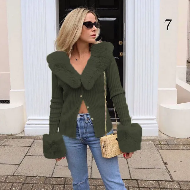 Long Sleeve Wool Collar Knitted Coat Blouse For Women Army Green - Shop at LoveMi