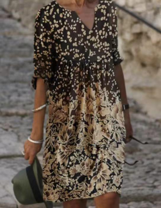 Printed Pullover Short Sleeve V-neck Large Swing Dress