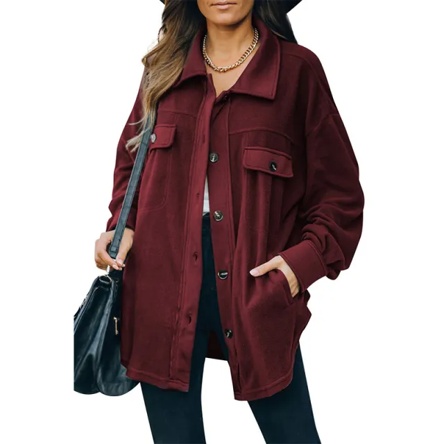 New Lapel Fleece breasted Cardigan Jacket Shirt Burgundy - Shop at LoveMi