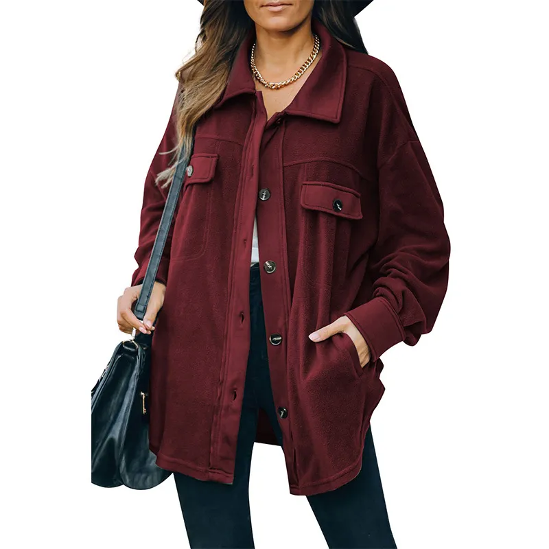 New Lapel Fleece-breasted Cardigan Jacket Shirt - Burgundy