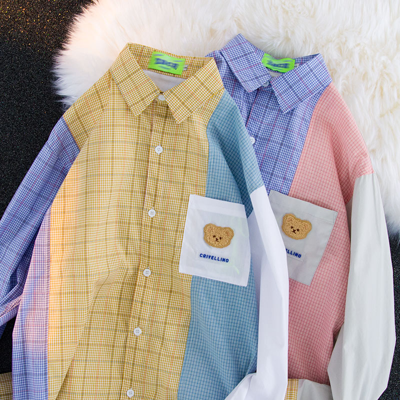 Design Sense Niche Contrast Color Stitching Plaid Shirt For Men And Women