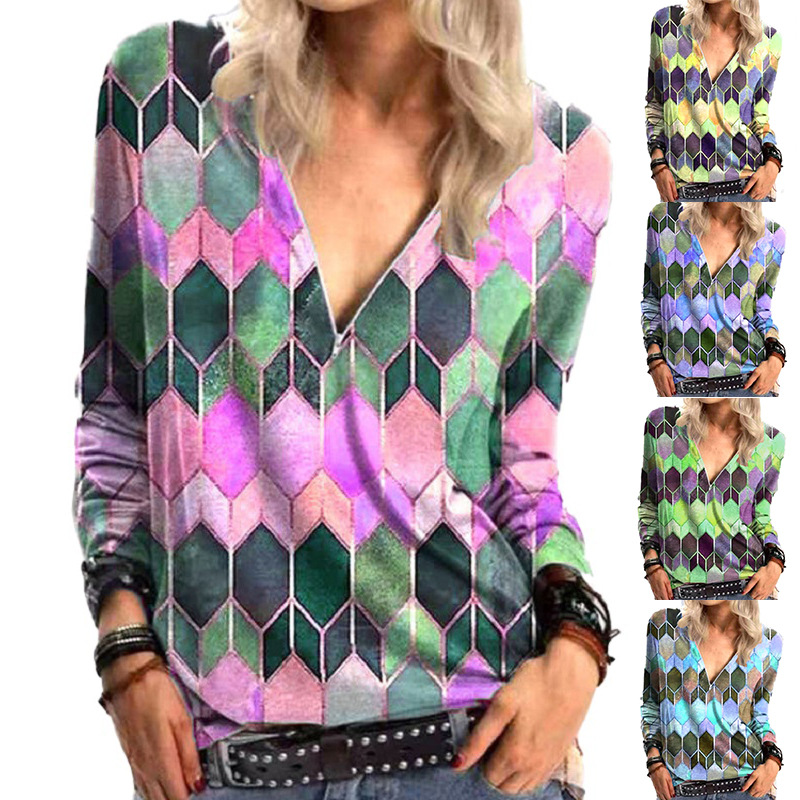 Title 5, Fashion Geometric Print Zipper Long-sleeved T-s...