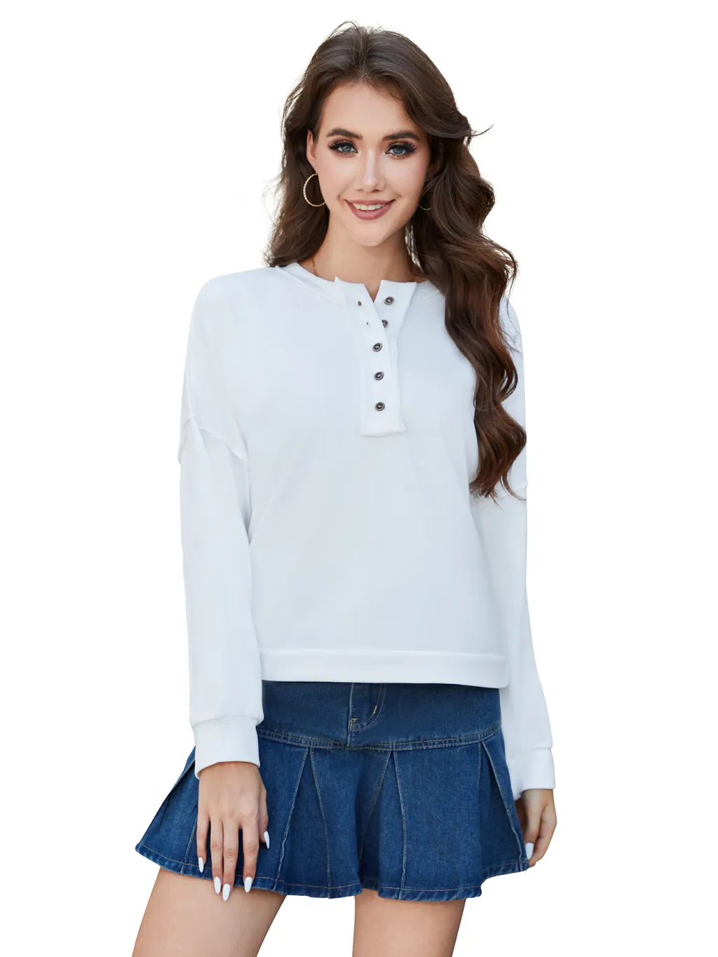 Women's Long Sleeved Button Solid Color Hoodie - White