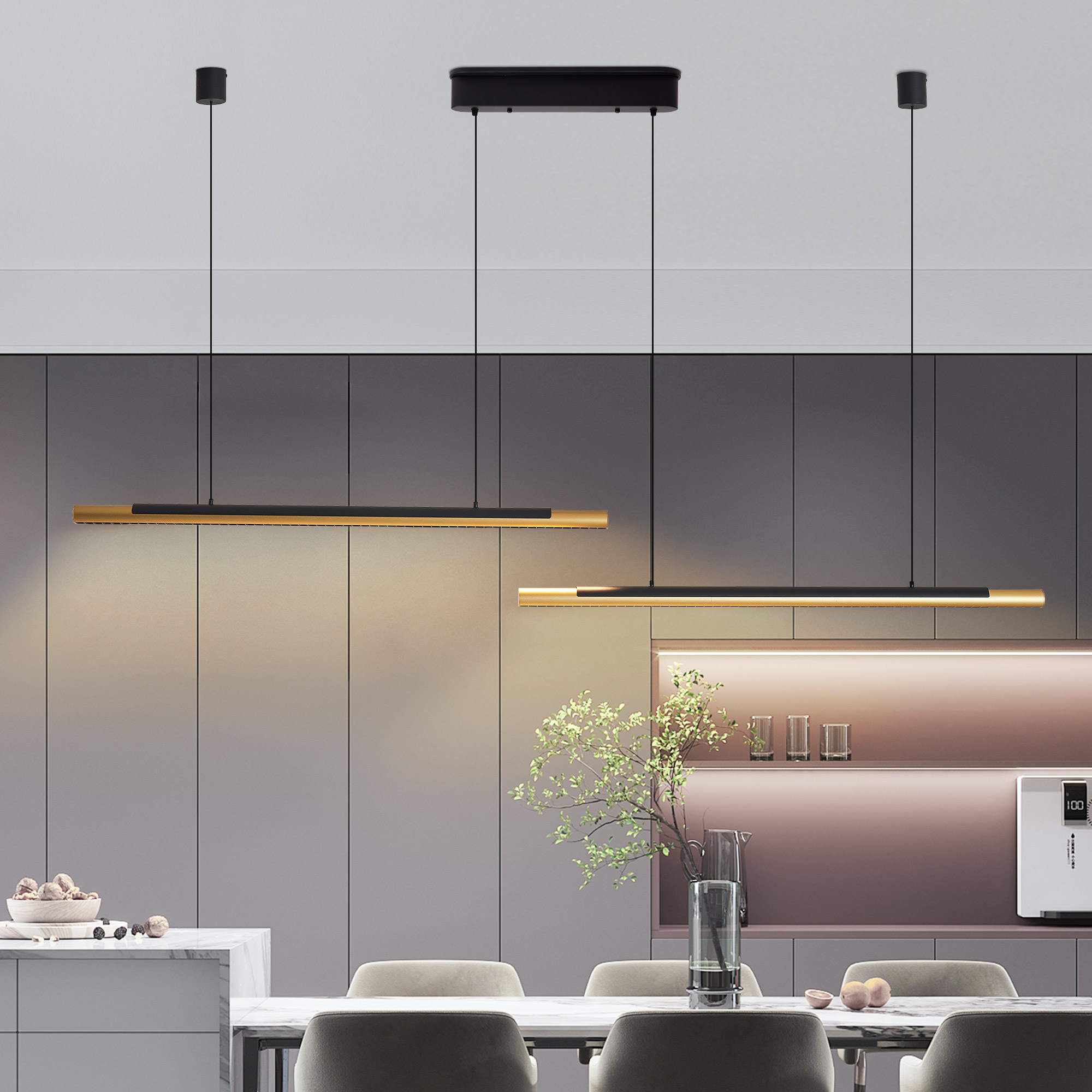 75-inch Modern Black And Gold LED Pendant Light, Adjustable Hanging Light For Dining Room, Kitchen, Living Room Sleek Dual Tube Design