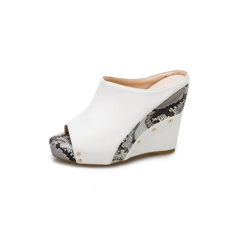 New European And American Windfish Mouth Color-blocking Wedge Heel Large Size Female Sandals - White