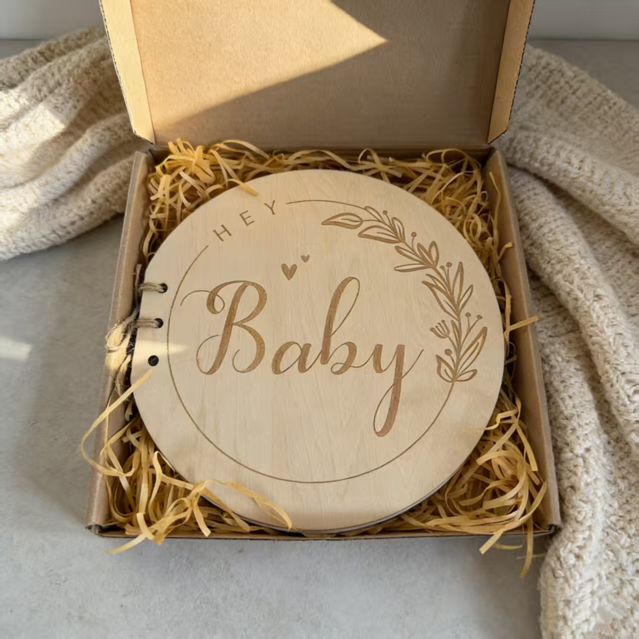 Gender Neutral Infant Keepsake Album, Laser Carved Round Wooden Baby Memory Book For New Parents Gift