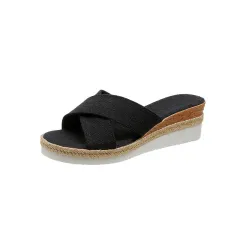 Summer Shoes Women Hemp Wedge Sandals Platform Slippers - Black - View 1
