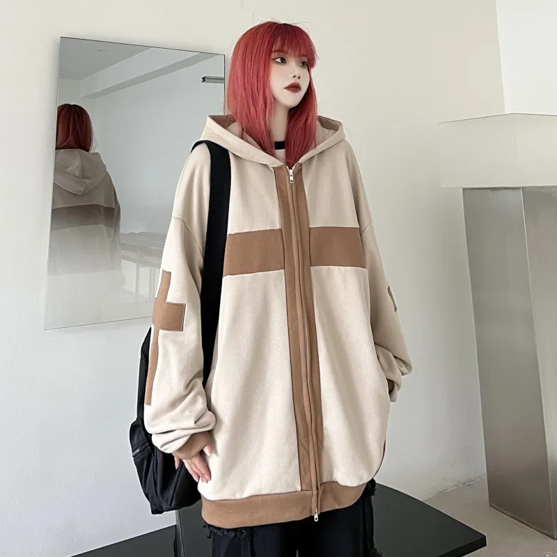 Loose Retro Couple Hooded Sweater Girl - Khaki