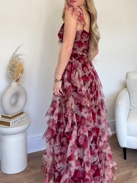 Elegant Floral Ruffled Suspender Dress