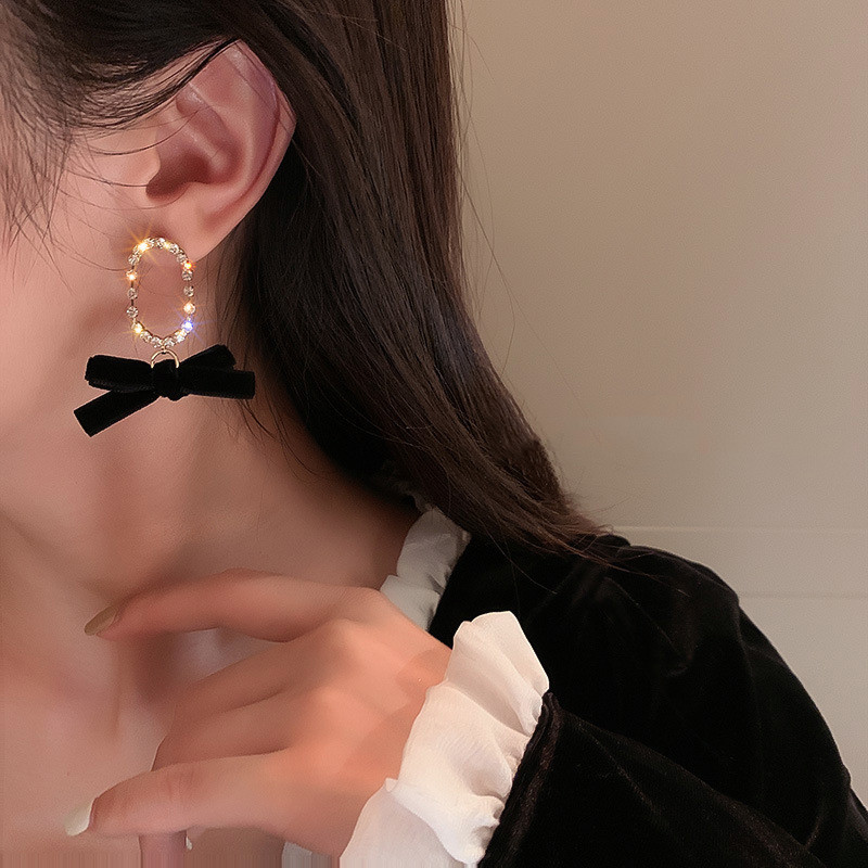 925 Silver Needle Velvet Bow Earrings Diamond Oval