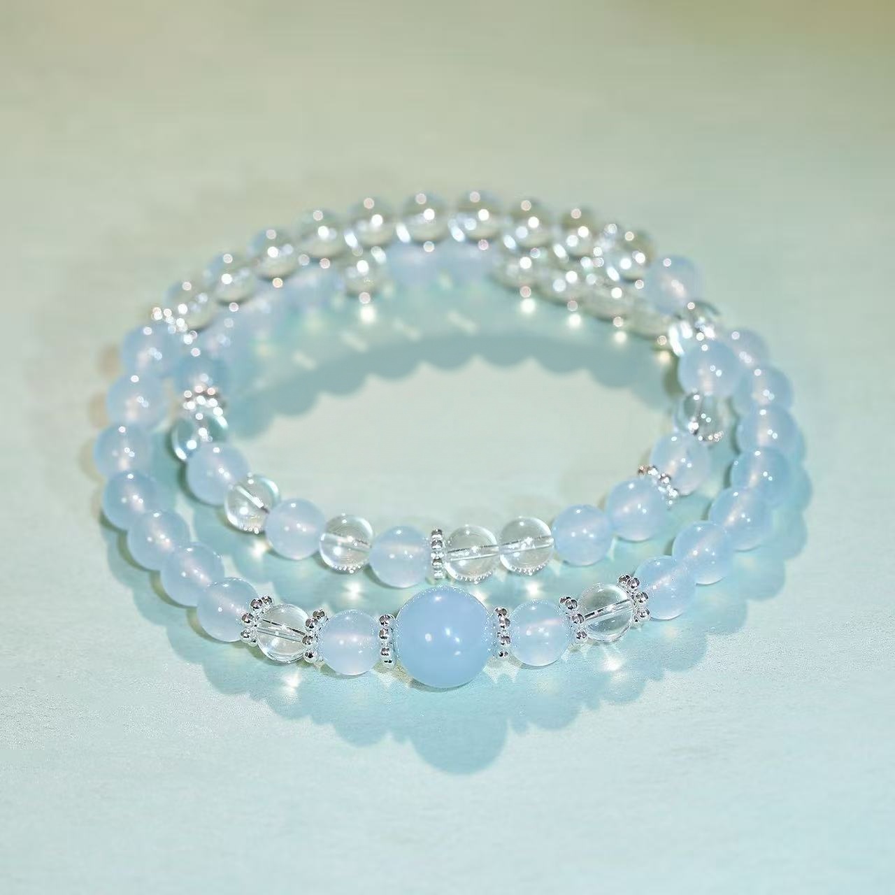 Brățară naturală din cuarț transparent Aquamarine cu două straturi cu lanț cu mărgele cu element de apă Bijuterii energetice pentru femei