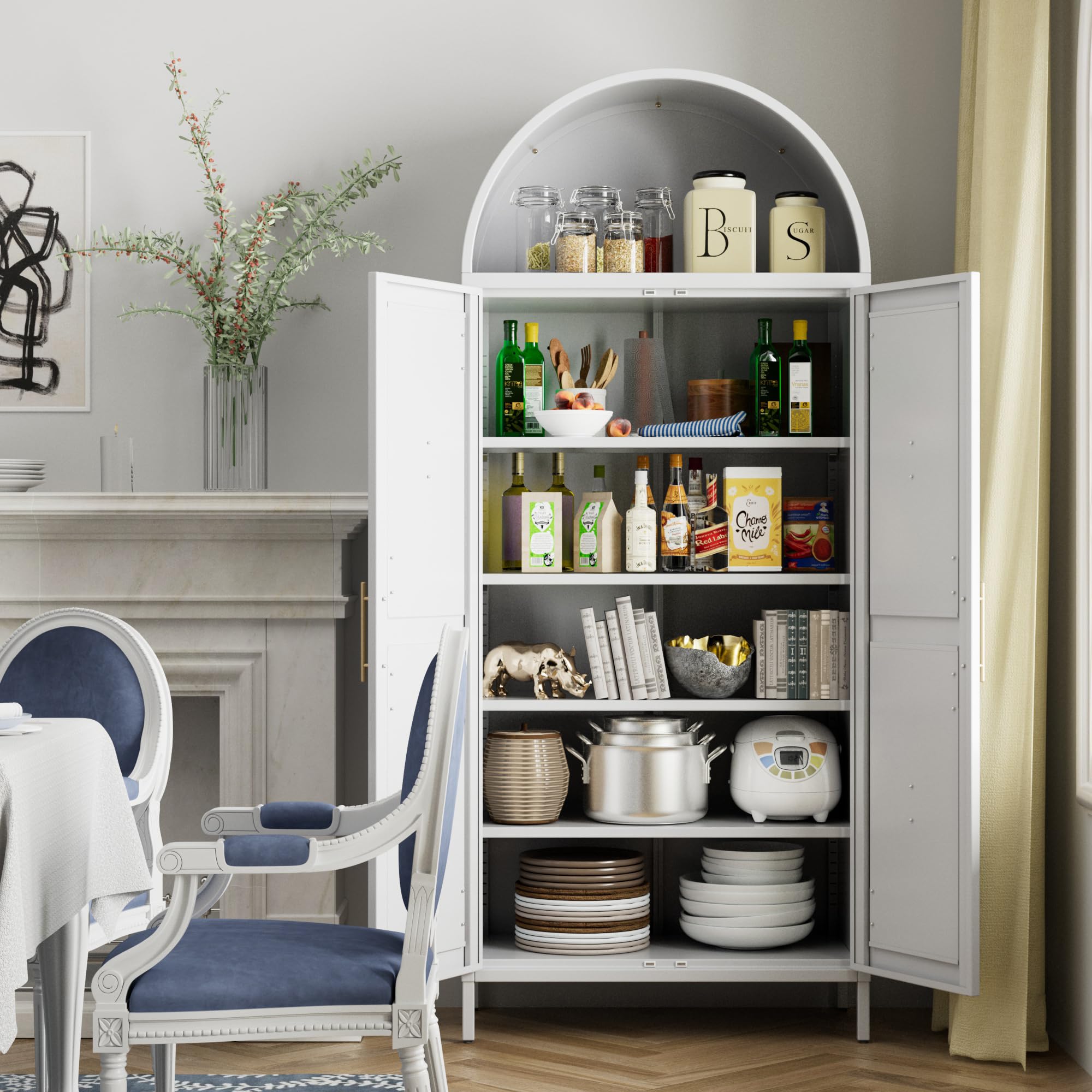 72.8inch H Metal Farmhouse Arched Cabinet With 4 Adjustable Shelves,Kitchen Arched Pantry Cabinet With 2 Doors For Home,White, Assemble Required