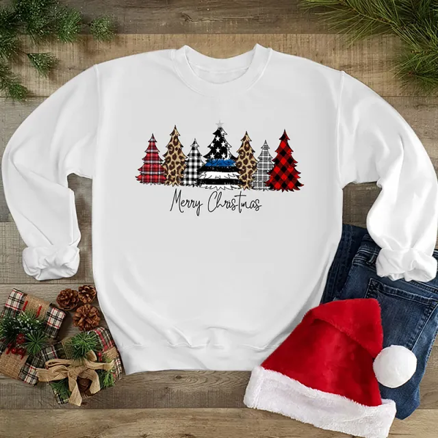 Round Neck Loose Long Sleeve Christmas Series Printing White - Shop at LoveMi