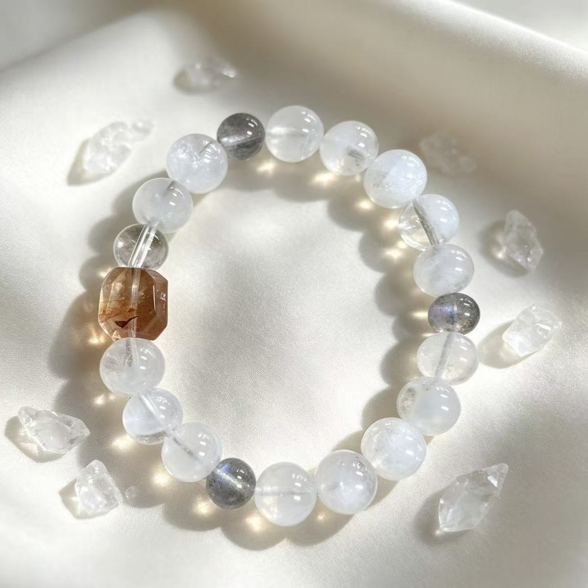 Natural White Phantom  Clear Quartz Bracelet Smoky Quartz Faceted Bead Round Chain Energy Jewelry For Women