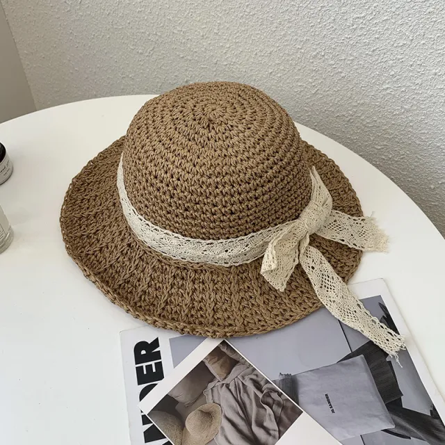 Women's Casual Lace Sun Protection Straw Hat Coffee - Shop at LoveMi