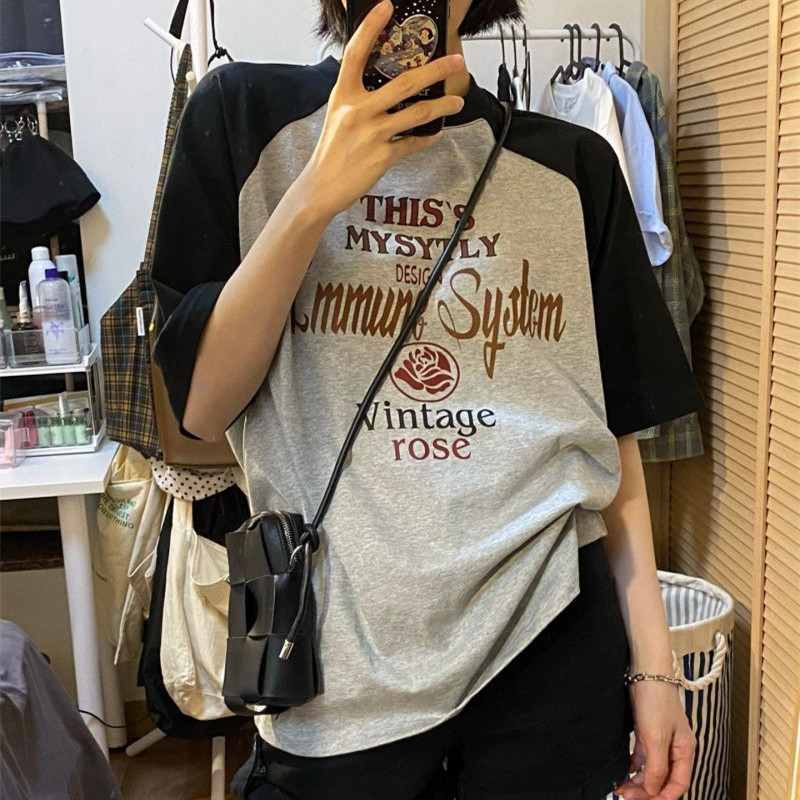 Women's Fashion Retro Collision Color Inserted Shoulder Short-sleeved T-shirt