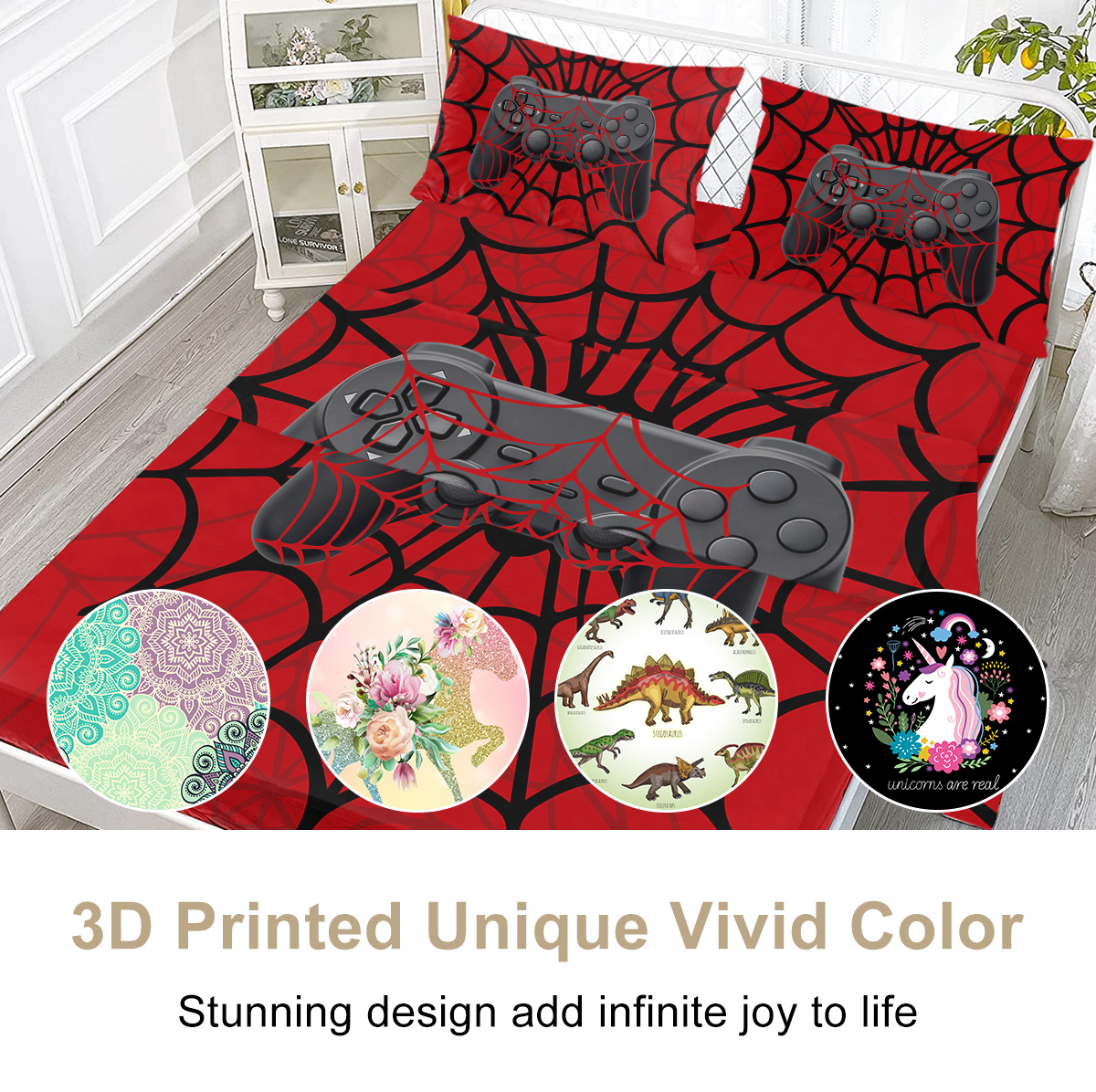 4PCS Gamer Bed Sheet Set, Red Bedding Set, Spider Web, 1 Flat Sheet,1 Fitted Sheet, 2 Pillow Cases