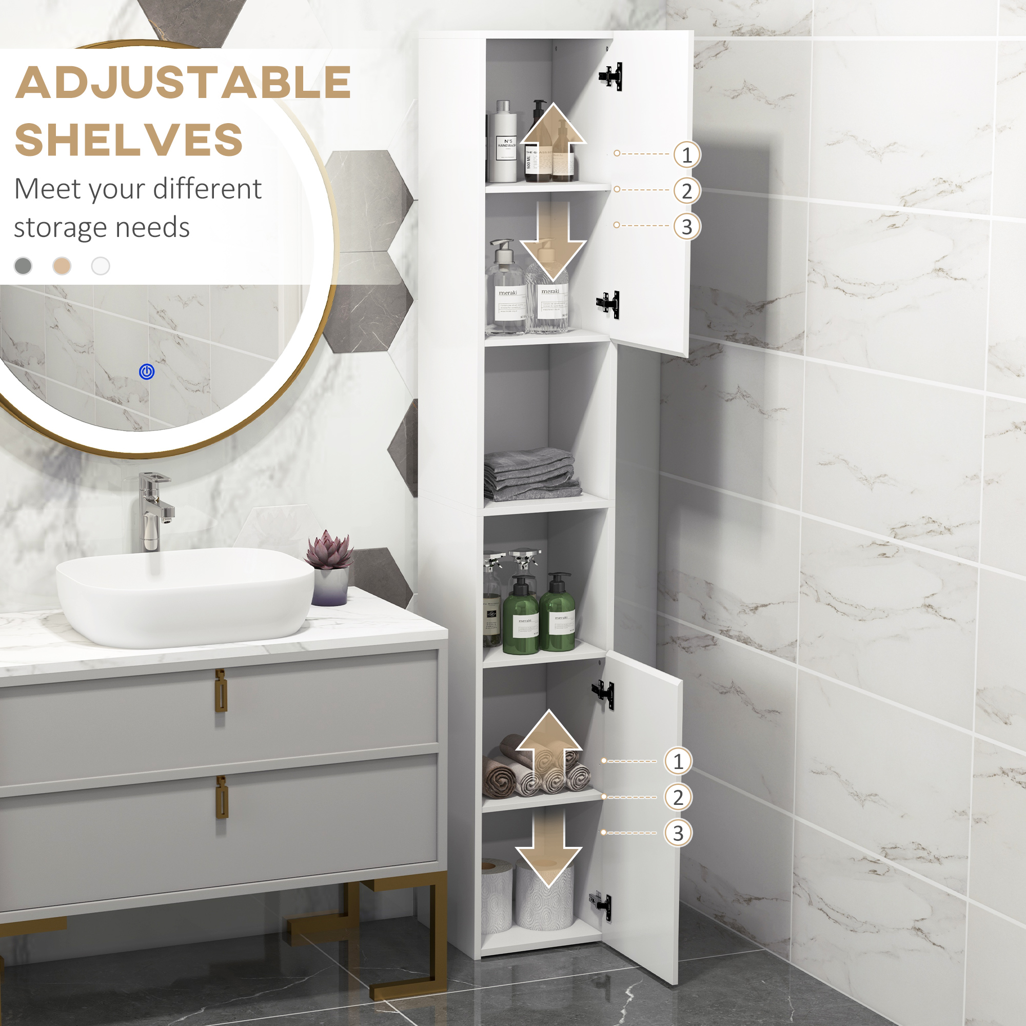 Independent Bathroom Cabinet, High Gloss Storage With Door And Adjustable