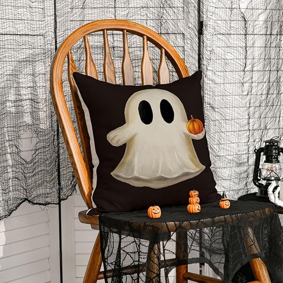 Title 7, Ghost Pumpkin Halloween Black Throw Pillow Cove...