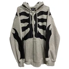 Hoodie Round Neck Loose Letters Hot Drilling Zipper Cardigan Sweater Plus Fleece - Grey - View 1