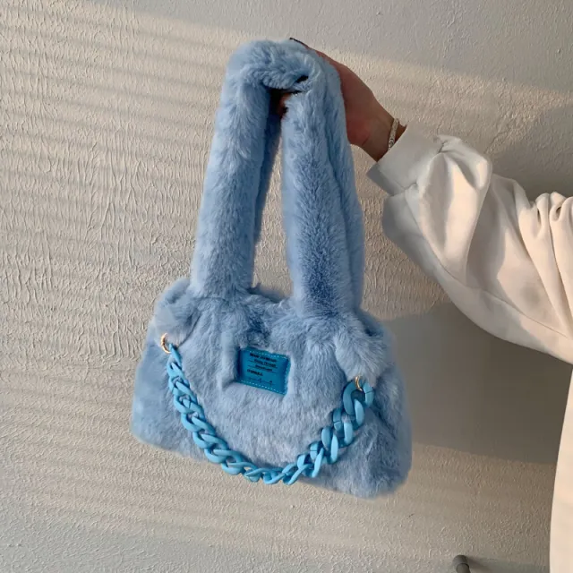 Girls Sweet Solid Color Underarm Trend Mao Shoulder Bag Blue - Shop at LoveMi