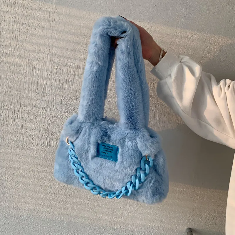 Girls Sweet Solid Colour Underarm Trend Mao Shoulder Bag - Blue