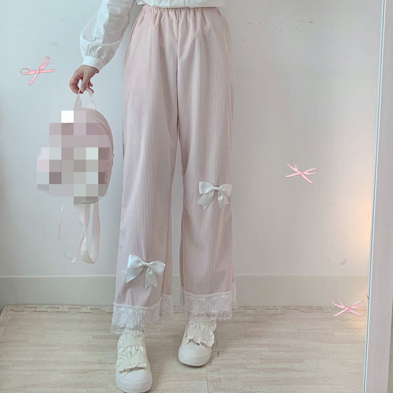 Women's Cute Lace Bow Loose Vintage Wide Leg Pants