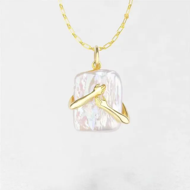Couple Embrace Necklace Fashion Square Gold Silver Hands Together Pendant Jewelry Gold - Shop at LoveMi