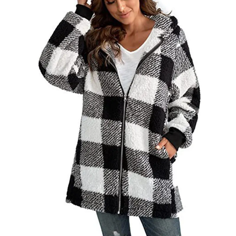 Women's Plaid Hooded Jacket, Long Sleeve Zip Up Oversized Coat With Pockets For Winter Casual And Commute - Black