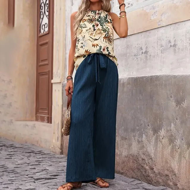 Women's Outfits Summer Casual Sleeveless Halter Neck Crop Tops Wide Leg Pants Set Blue F - Shop at LoveMi