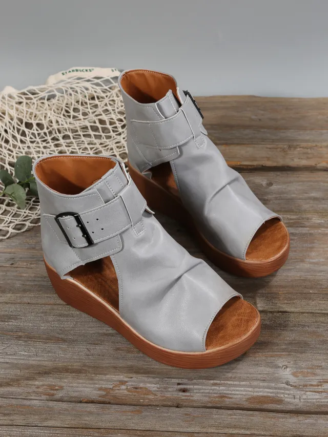 Summer New Style Clip Sandals High top Solid Color Fold Bag Heel Flat Beach Shoes Grey - Shop at LoveMi