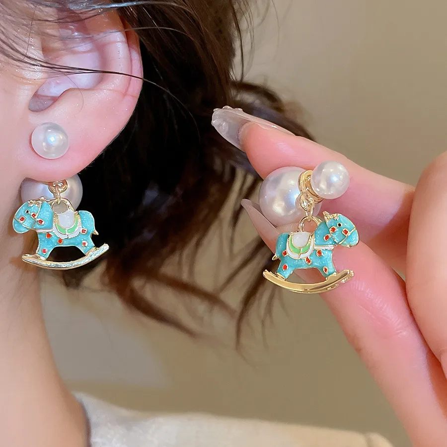 Little Horse Pearl Drop Earrings With Silver Post