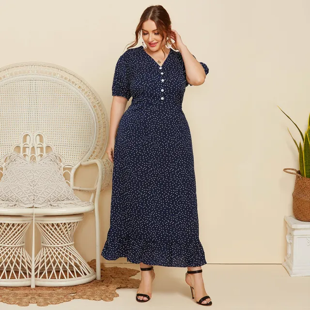 Plus Size Long Fashion Short Sleeve Dress Navy Blue - Shop at LoveMi