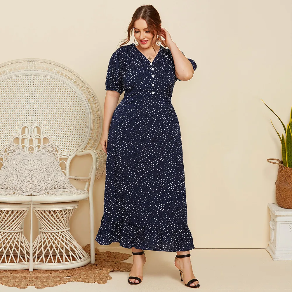 Plus Size Long Fashion Short Sleeve Dress - Navy Blue