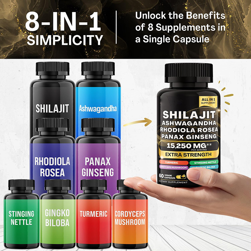 Bottle of Shilajit Pure Himalayan 9000MG, Energy Booster Ashwagandha 2000MG, Rhodiola Rosea 999MG, Panax Ginseng 1500MG, Turmeric 500MG, Ginkgo Biloba 500MG, Stinging Nettle 250MG Cordyceps Mushroom 500