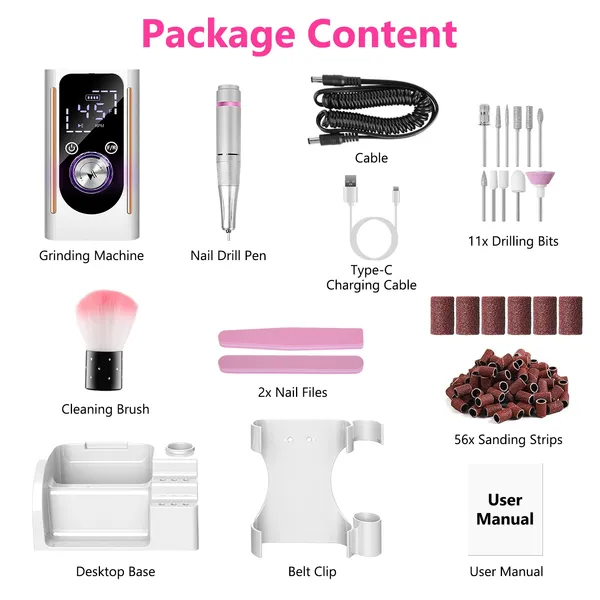 Portable Electric Nail Drill Bit 45000 RPM With 11 Bits Base Waist Clip Cordless Rechargeable Nail File Machine For Professional Salon Home Acrylic Nails Remove Nail Gel Polish Manicure 3