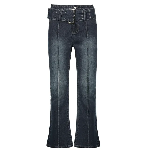 Retro Distressed Washed Belt Slimming Jeans Grey - Shop at LoveMi