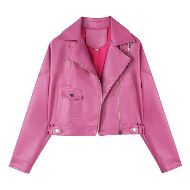 Casual Loose Wind Turbine Motorcycle Suit Handsome Pu Leather Jacket Rose Red - Shop at LoveMi