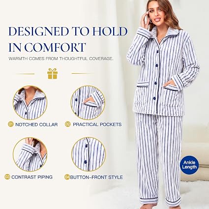 RONGTAI Ribbed Button Down Pajama Set Long Sleeve Plush Fleece PJs